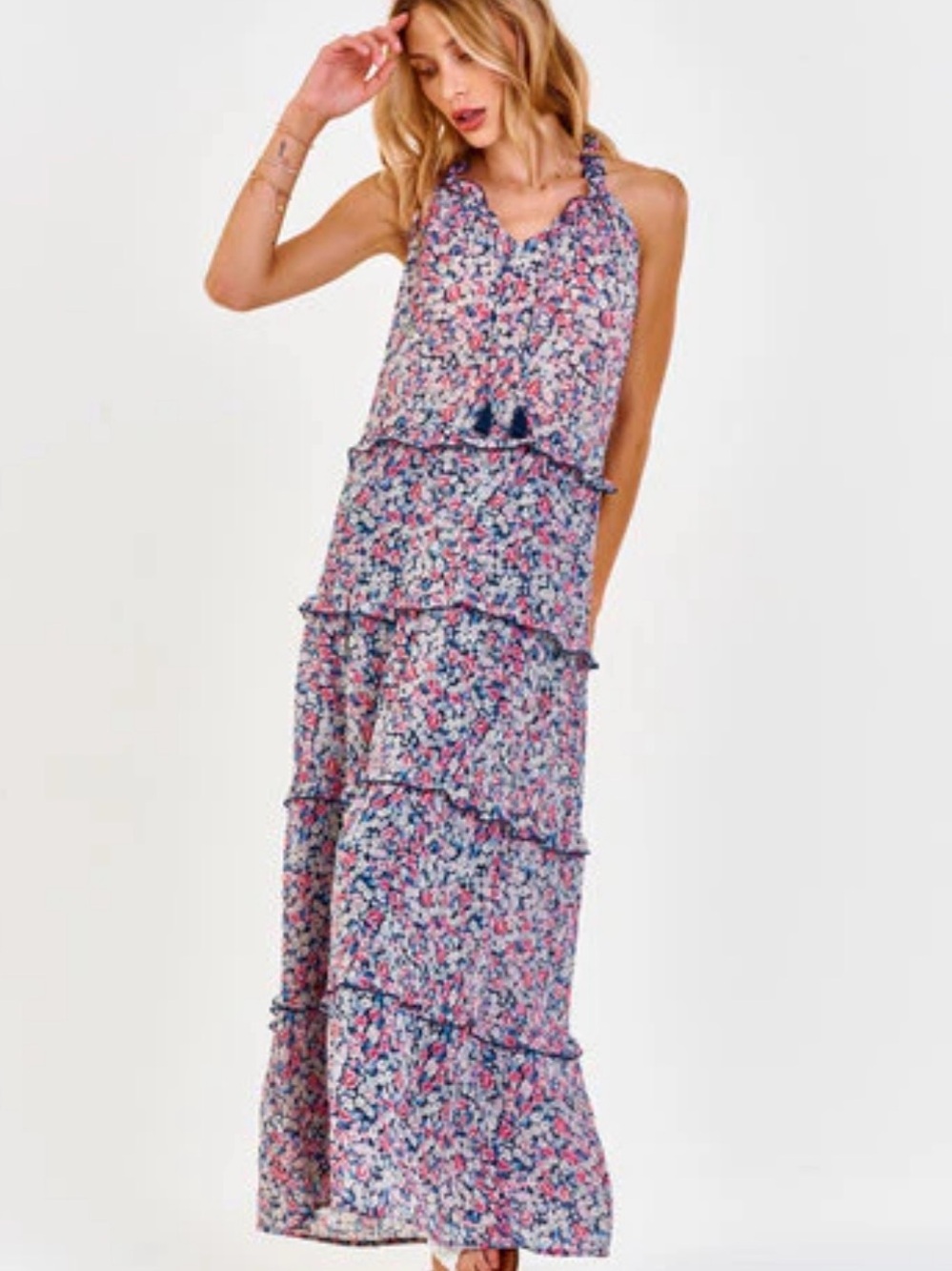 EUC DEAR JOHN szL Whitley Floral Tiered Halter Maxi Dress in Cherry Blossom…